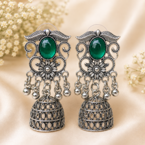 Oxidised Silver Green Stone Jhumka Earrings