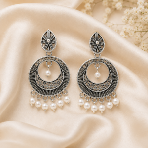 Oxidised Silver Moon Pearl Earrings