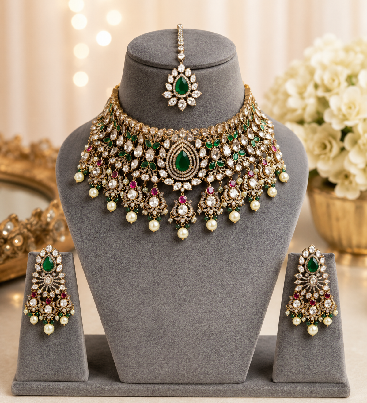 Kundan Floral Pink Stone Pearl Beaded Necklace Set