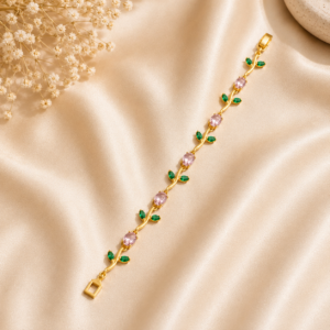 Gold Plated Pink Green Tulip Charm Bracelet