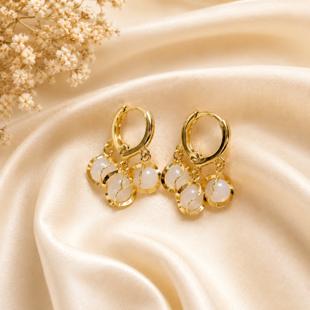 Gold Plated White Beads Earrings