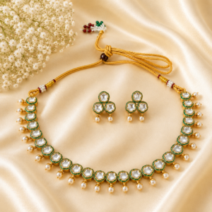 Gold Plated White Green Kundan Necklace