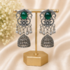 Oxidised Silver Green Stone Jhumka Earrings