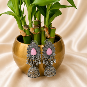 Oxidised Silver Pink Stone Jhumka Earrings