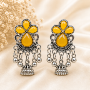 Oxidised Silver Yellow Stone Jhumka Earrings
