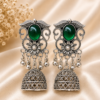 Oxidised Silver Green Stone Jhumka Earrings