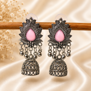 Oxidised Silver Pink Stone Jhumka Earrings
