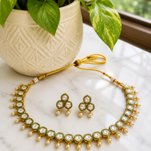 Gold Plated White Green Kundan Necklace