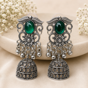 Oxidised Silver Green Stone Jhumka Earrings