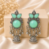 Oxidised Silver Mint Green Jhumka Earrings