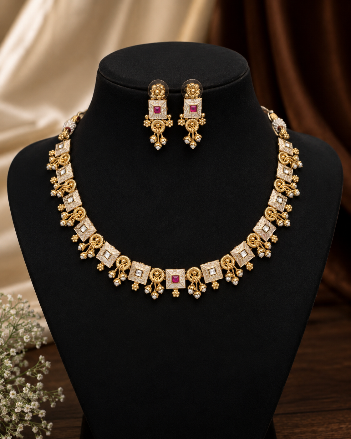 file_0000000086cc71fdbad8d131d4a328f8 Silver Plated Rose Quartz Studded Necklace Set