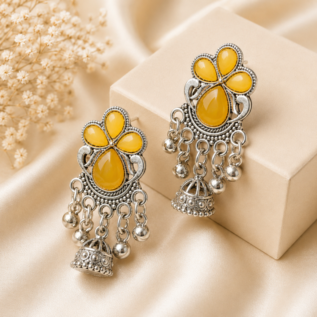 Oxidised Silver Yellow Stone Jhumka Earrings