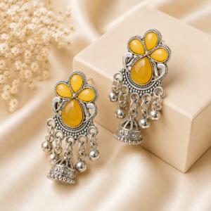Oxidised Silver Yellow Stone Jhumka Earrings