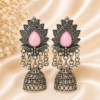 Oxidised Silver Pink Stone Jhumka Earrings