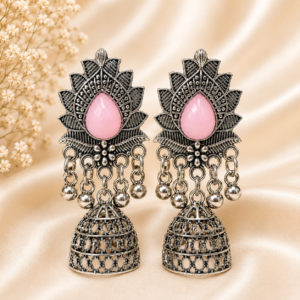 Oxidised Silver Pink Stone Jhumka Earrings