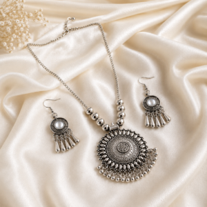 Oxidised Round Pendant Necklace Set