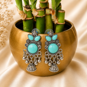 Oxidised Silver Mint Green Jhumka Earrings