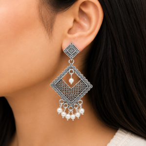 Oxidised Square Chandelier Jhumka Earrings