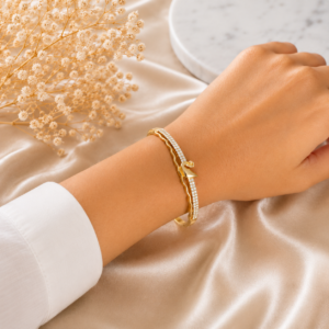 18K Gold Plated Cubic Zirconia Studded Bangle Style Bracelet