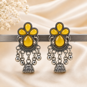 Oxidised Silver Yellow Stone Jhumka Earrings