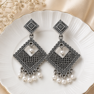 Oxidised Square Chandelier Jhumka Earrings
