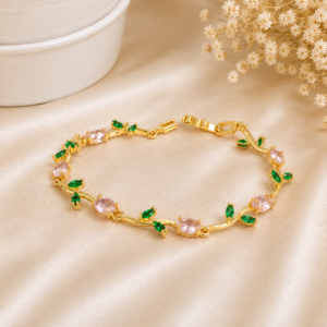 Gold Plated Pink Green Tulip Charm Bracelet