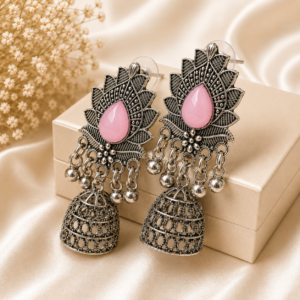 Oxidised Silver Pink Stone Jhumka Earrings