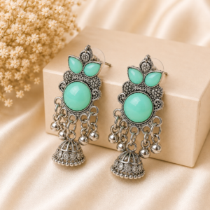 Oxidised Silver Mint Green Jhumka Earrings