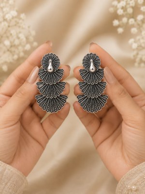 Oxidised Peacock Fan Style Jhumka Earrings