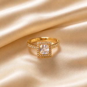 18K Gold Plated Square Halo American Diamond Ring