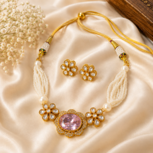 Kundan Floral Pink Stone Pearl Beaded Necklace Set