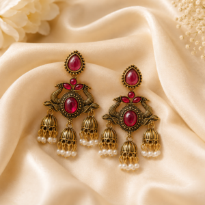 Antique Gold Peacock Design Triple Jhumka Earrings