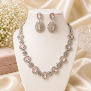 file_00000000303482118552f5b1c0ad702d Silver Plated Rose Quartz Studded Necklace Set