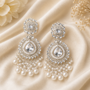 Silver Plated Kundan Pearl Chandbali Earrings