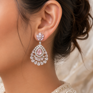 Silver Plated Pink Floral Teardrop Chandelier Earrings