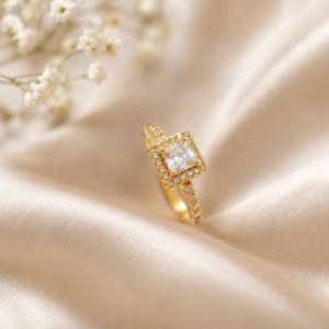 18K Gold Plated Square Halo American Diamond Ring