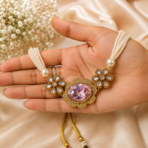 Kundan Floral Pink Stone Pearl Beaded Necklace Set