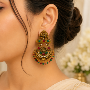 Antique Gold Temple Lakshmi Design Chandbali Earrings