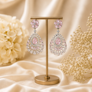 Silver Plated Pink Floral Teardrop Chandelier Earrings