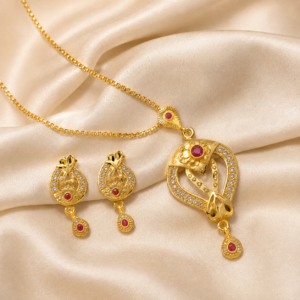 Gold Plated Ruby Studded Heart Design Pendant Set