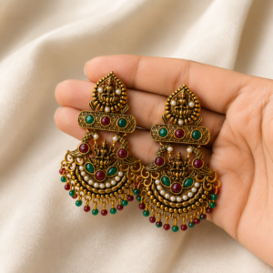 Antique Gold Temple Lakshmi Design Chandbali Earrings