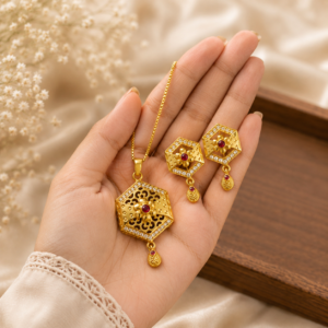 file_00000000908882119814c24ca6d8cf94 Gold Plated Hexagon Floral Ruby Pendant Set