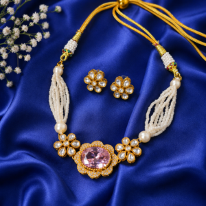 Kundan Floral Pink Stone Pearl Beaded Necklace Set