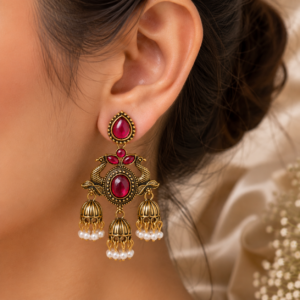 Antique Gold Peacock Design Triple Jhumka Earrings