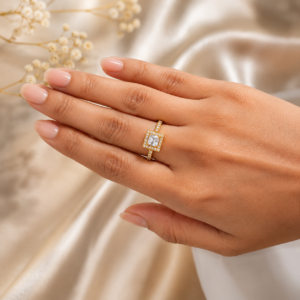 18K Gold Plated Square Halo American Diamond Ring