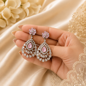 Silver Plated Pink Floral Teardrop Chandelier Earrings