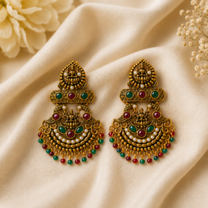 Antique Gold Temple Lakshmi Design Chandbali Earrings
