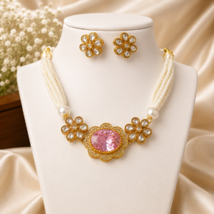 Kundan Floral Pink Stone Pearl Beaded Necklace Set