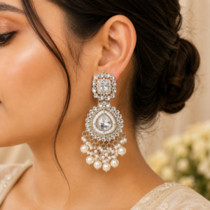 Silver Plated Kundan Pearl Chandbali Earrings