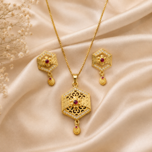 file_00000000d86482088866822333a77b98 Gold Plated Hexagon Floral Ruby Pendant Set